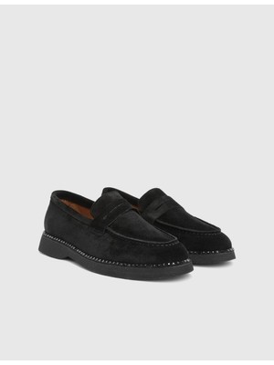 İLVİ Buckle Hakiki Süet Deri Siyah Kadın Loafer Ayakkabı