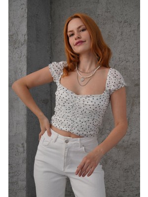 Moderie Butik Puantiyeli Belden Oturtmalı Tül Beyaz Bluz