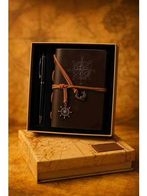 Wolawood Vintage Deri Kapaklı Pusula Tasarımlı Kraft Retro Eskitme Sayfa Bağcıklı Spiralli Siyah Çizgisiz Defter & Touchpen Tükenmez Kalem Özel Kutulu Hediyelik Set