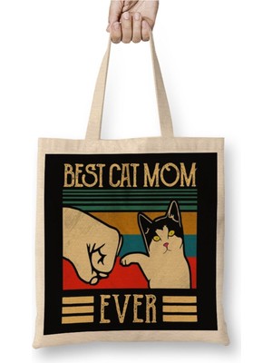 Toyaso Vintage Best Cat Mom Kedi Annesi Beyaz Bez Çanta Uzun Saplı Alışveriş Çantası Plaj Çantası