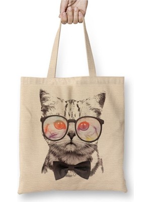 Toyaso Miau Cat Kedi Beyaz Bez Çanta Uzun Saplı Alışveriş Çantası Plaj Çantası