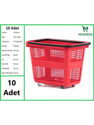 Mixgros Tekerlekli Plastik Market Alışveriş El Sepeti 54 Litre Kırmızı 10 Adet