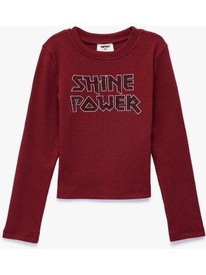 Koton Taş Detaylı Bisiklet Yaka Uzun Kollu Baskılı Pamuklu Tişört