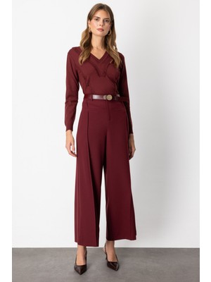 On Kadın Beli Kemerli Bol Paça Pantolon 64133 Bordo