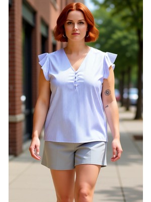 PayBuy Kadın V Yaka Fırfır Kol Düğmeli Çizgili Dokuma Bluz Kaliteli Şık Rahat Modern Zarif Günlük