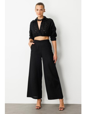 Accort Beli Lastikli Keten Görünümlü Pantolon-Siyah