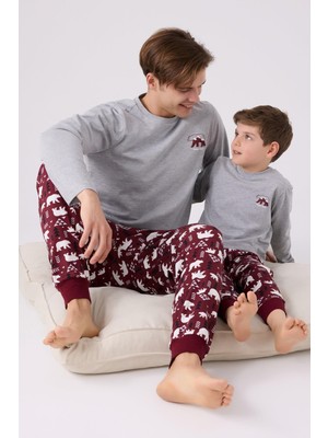 Arnetta Ayıcık Baskılı Kadın Aile Pijama Takım Gri Melanj %100 Pamuklu Rahat Kullanım