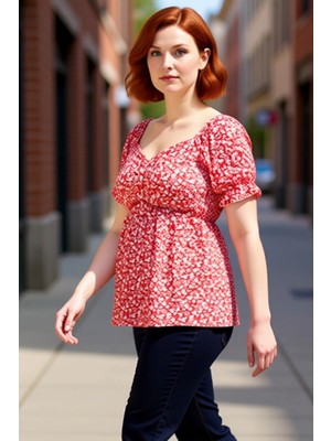 PayBuy Kadın Kalp Yaka Balon Kol Kısa Kollu Baskılı Örme Kaliteli Şık Rahat Modern Zarif Günlük