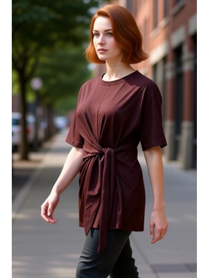 PayBuy Kadın Pamuklu Bisiklet Yaka Düğüm Detaylı Kısa Kollu Örme Kaliteli Şık Rahat Modern Zarif