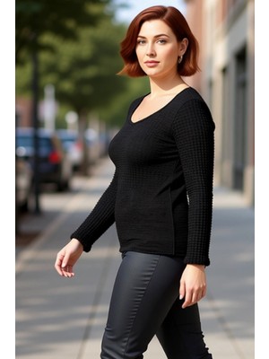 PayBuy Kadın Gofre Dokulu V Yaka Uzun Kollu Örme Kaliteli Şık Rahat Modern Zarif Günlük