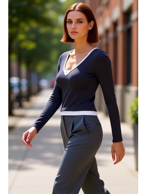 PayBuy Kadın V Yaka Çizgili Fitted Uzun Kollu Pamuklu Kaşkorse Bluz Kaliteli Şık Rahat Modern Zarif