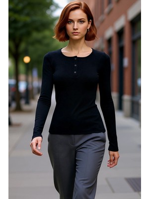 PayBuy Kadın Fitted Vücuda Oturan Esnek Örme Bluz Havuz Yaka Standart Kol Çıtçıt Detaylı Kışlık Casual