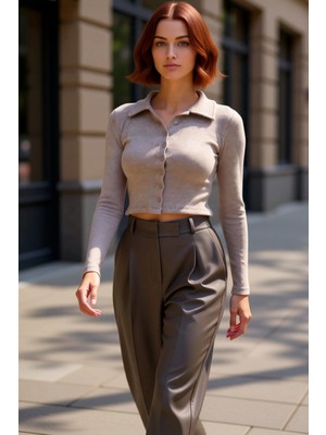 PayBuy Kadın Fitted Polo Yaka Gömlek Yaka Düğme Detaylı Bluz Uzun Kollu Vücuda Oturan Esnek Örme Kışlık