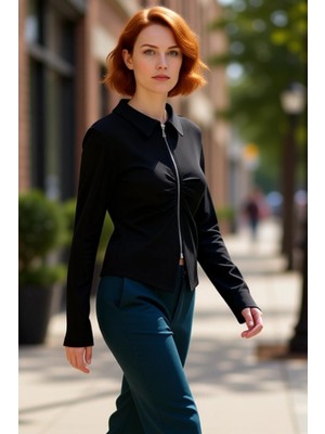 PayBuy Kadın Fermuarlı Polo Yaka Büzgülü Esnek Örme Kaliteli Şık Rahat Modern Zarif Günlük