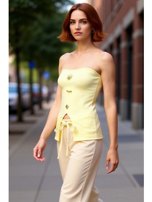 PayBuy Kadın Vücuda Oturan Straplez Ottoman Örme Bluz Düğme Detaylı Esnek Yapı Kaliteli Şık Rahat