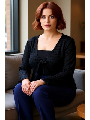 FRM Kadın Esnek Dokulu V Yaka Bağlantılı Uzun Kollu Örme Üst Kaliteli Şık Rahat Modern Zarif Günlük