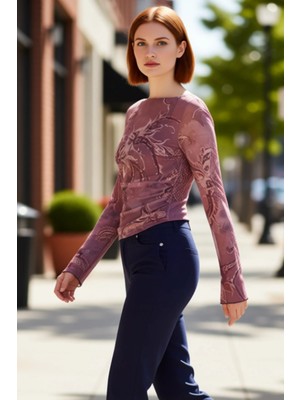 PayBuy Kadın Desenli Kayık Yaka Ispanyol Kol Esnek Örme Tül Bluz Kaliteli Şık Rahat Modern Zarif Günlük