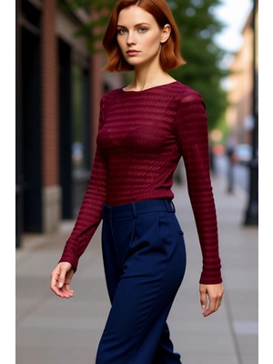 PayBuy Kadın Dokulu Gofre Esnek Örme Bluz Bisiklet Yaka Uzun Kollu Casual Günlük Kışlık Konforlu Üst