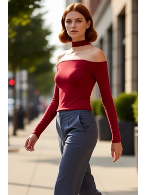 PayBuy Kadın Fitted Örme Bluz Choker Yaka Düşük Kol Uzun Kollu Crop Kesim Günlük Kullanıma Uygun