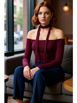 FRM Kadın Moda Şık Crop Carmen Yaka Slim Kalıp Örme Fitilli Şal Detaylı Fitted Vücuda Oturan Esnek Bluz