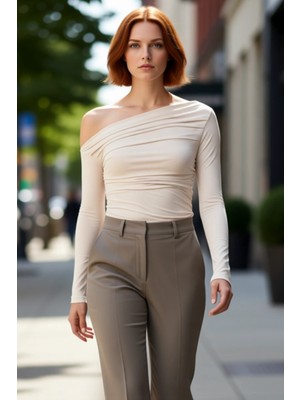 PayBuy Kadın Bordo Asimetrik Yaka Büzgü Detaylı Fitted Uzun Kollu Esnek Örme Bluz Günlük Kullanım Için