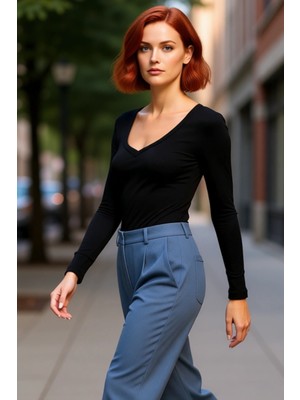 PayBuy Kadın V Yaka Uzun Kollu Esnek Örme Üst Günlük Kullanım Için Ideal Kaliteli Şık Rahat Modern