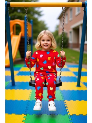 FRM Kız Çocuk Pamuk Polyester Örme Kalp Desenli Pijama Takımı Kaliteli Şık Rahat  Günlük