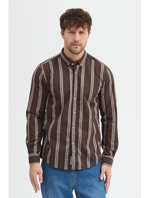 Cosplay Melanj Çizgili Regular Fit Uzun Kollu Erkek Gömlek Düğmeli Yaka