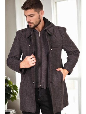 Dewberry Erkek Palto %70 Yün %30 Polyester Orta Kalınlık Uzun Kol Midi Siyah-Antrasit