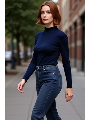 PayBuy Kadın Beyaz Fitted Vücuda Oturan Dik Yaka Uzun Kol Esnek Örme Bluz Günlük Kullanım Için Idealdir