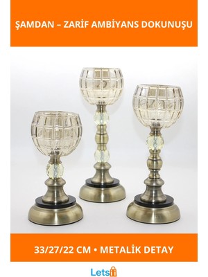 Letsii Şık Cam 3'lü Şamdan Seti | 33 Cm, 27 Cm, 22 cm Yükseklik
