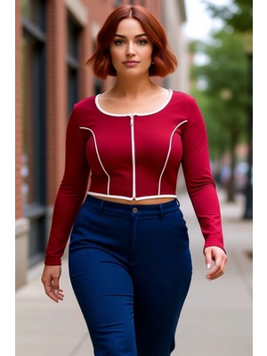 PayBuy Kadın Fermuarlı Yaka Esnek Örme Bluz Vücuda Oturan Kontrast Biye Detaylı Uzun Kollu Crop Kesim