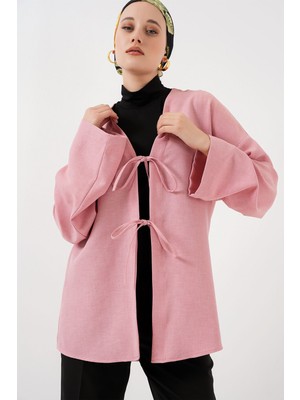 Hiccup Kadın Bdart Keten Karışımlı Uzun Kollu Önü Bağcıklı Kimono Toz Pembe
