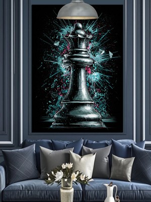 Artmeg Satranç Tahtası Üzerinde Siyah Şah Dekoratif Kanvas - Mdf Ahşap Tablo