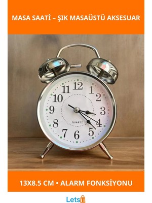 Letsii Gümüş Metal Alarmlı Masa Saati 13 cm x 8.5 cm