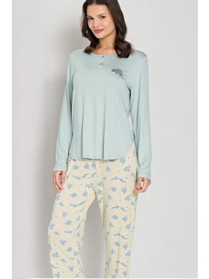 Pijadore Kadın Büyük Beden Uzun Kollu Düğmeli Yaka Mavi Pijama Takımı C8T0N91