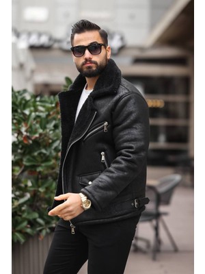 Baselco Erkek Biker Retro Içi Kürk Kaplı Napa Nubuk Deri Ceket