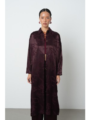 Orfeonegro Kadın Bordo Renk Yaprak Desenli Uzun Tunik Tesettür Gömlek - Elbise