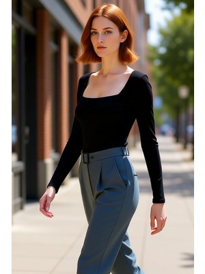 PayBuy Kadın Gri Kare Yaka Fitted Uzun Kollu Pamuklu Bluz Günlük Kullanım Için Cool & Comfort Özellikli