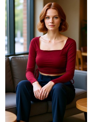 FRM Kadın Fitted Kare Yaka Büzgülü Uzun Kollu Crop Örme Üst Giyim Kaliteli Şık Rahat Modern Zarif