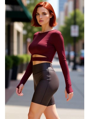 PayBuy Kadın Crop Uzun Kollu Bisiklet Yaka Spor Bluz Pencere Detaylı ve Baş Parmak Delikli Kaliteli