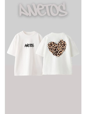Anetos Leopar Love Tasarım Sırt Baskılı Pamuk Beyaz Oversize T-Shirt