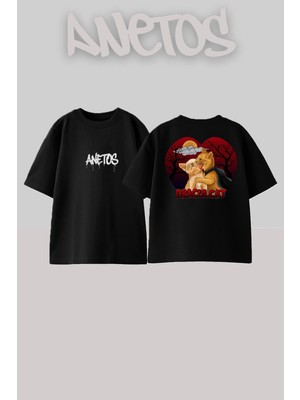 Anetos Dracıl Cat Tasarım Sırt Baskılı Pamuk Siyah Oversize T-Shirt