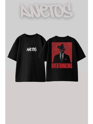 Anetos Overthinking Tasarım Sırt Baskılı Pamuk Siyah Oversize T-Shirt