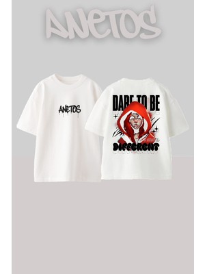Anetos Dare To Be Tasarım Sırt Baskılı Pamuk Beyaz Oversize T-Shirt
