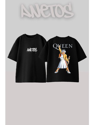 Anetos Queen 6 Tasarım Sırt Baskılı Pamuk Siyah Oversize T-Shirt