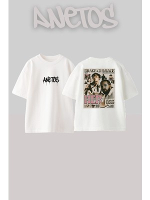 Anetos Drake 21 Savage Tasarım Sırt Baskılı Pamuk Beyaz Oversize T-Shirt