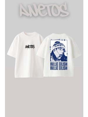 Anetos Billie Eilish 8 Tasarım Sırt Baskılı Pamuk Beyaz Oversize T-Shirt