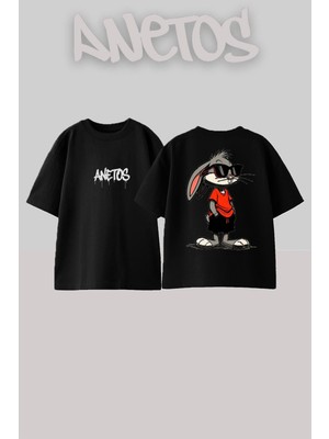 Anetos Cool Bugs Bunny Tasarım Sırt Baskılı Pamuk Siyah Oversize T-Shirt