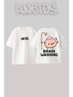 Anetos Braın Washıng Tasarım Sırt Baskılı Pamuk Beyaz Oversize T-Shirt